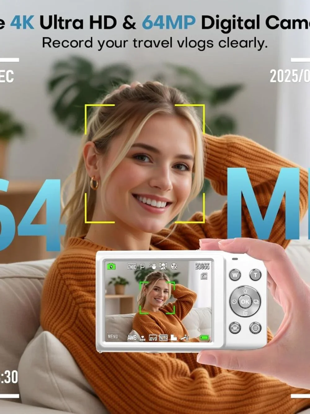 NEW 4K Digital Camera with Wide Angle Lens - White